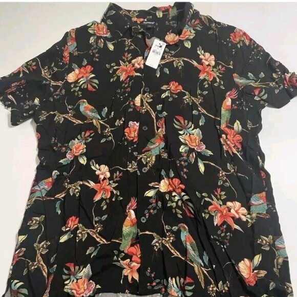 EXPRESS Mens Large Tropical Birds Camp Button Up SS Shirt Black NWT - Picture 1 of 6
